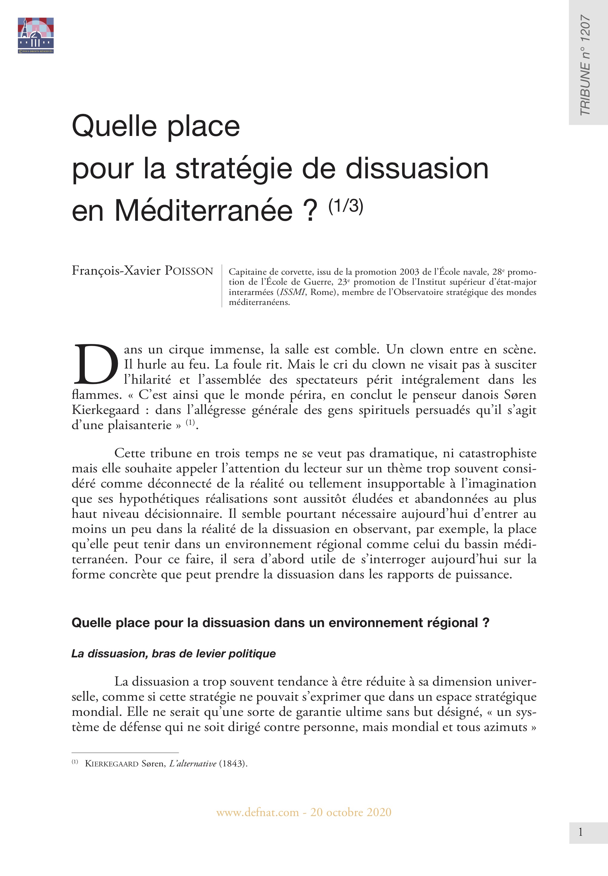 Quelle place pour la stratégie de dissuasion en Méditerranée ? (1/3) (T 1207)
